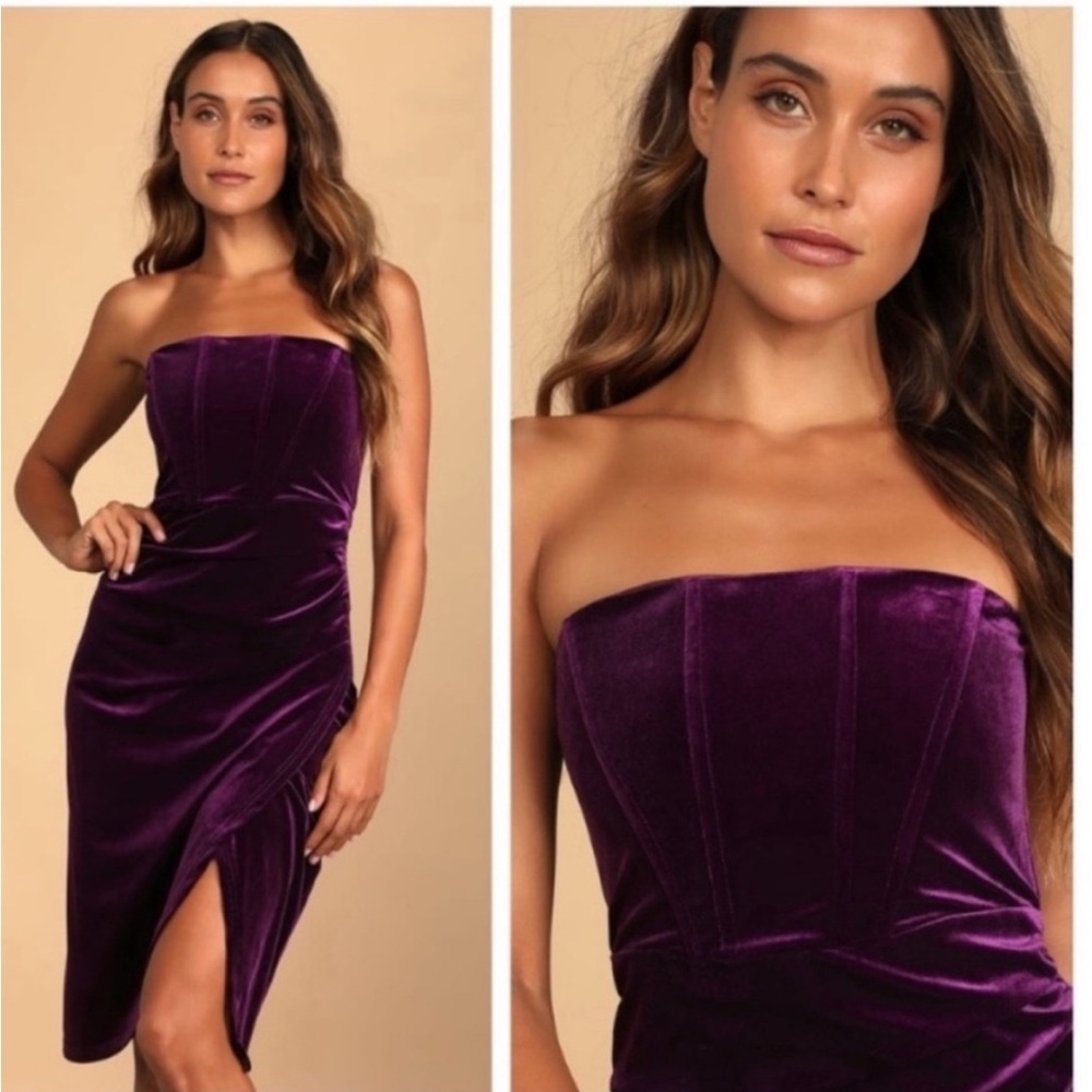 NWT Lulus Glamorous celebrations dark purple velvet strapless tulip dress sz XS